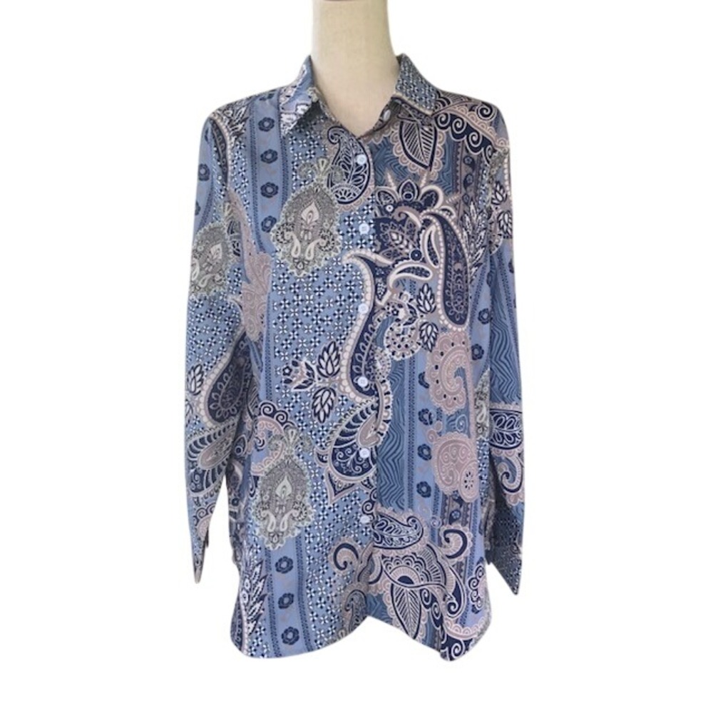 NWT Oversized Patchwork Paisley Button Front Blouse Top L Boho Chic Career Artsy